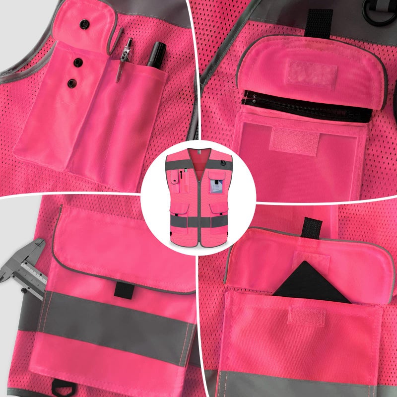 TCCFCCT Mesh Pink Safety Vest for Men Women 9 Pockets High Visibility Reflective Vest for Safety, Work Vest with Reflective Strips, Meets ANSI/ISEA Standards, Large - Image 4